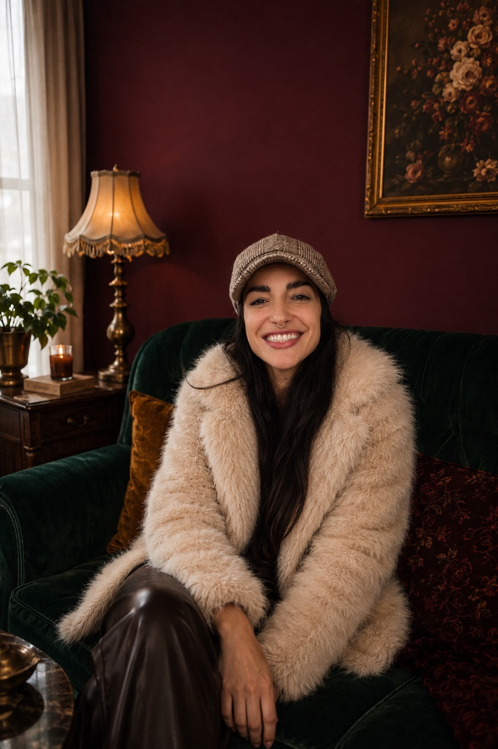 Aline sentada em um sofá verde, com parede ameixa, quadro floral e luz natural.