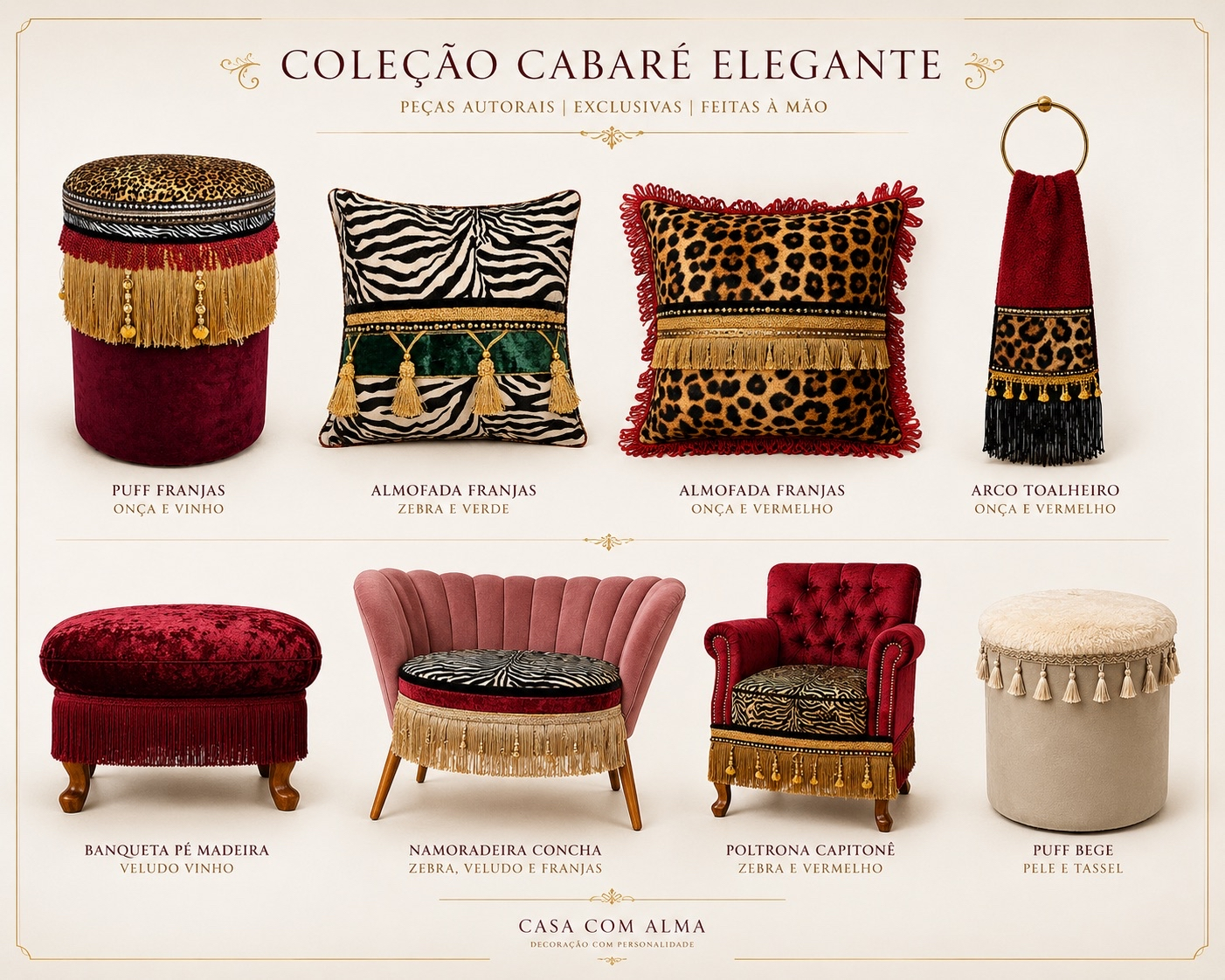 Catálogo visual da Coleção Cabaré Elegante com oito peças autorais Casa com Alma.