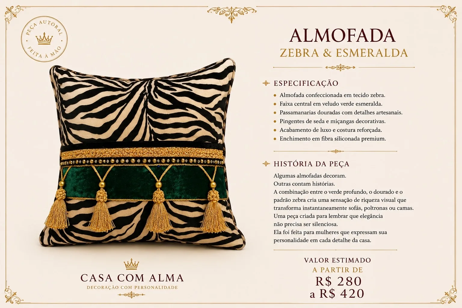 Página do produto Almofada Zebra e Esmeralda com especificação, história e valor.