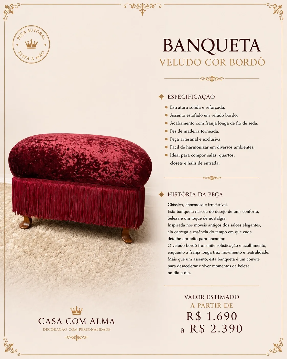 Página do produto Banqueta Veludo Cor Bordô com especificação, história e valor.