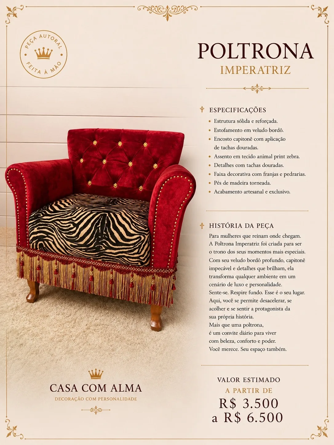 Página do produto Poltrona Imperatriz com especificações, história e valor.