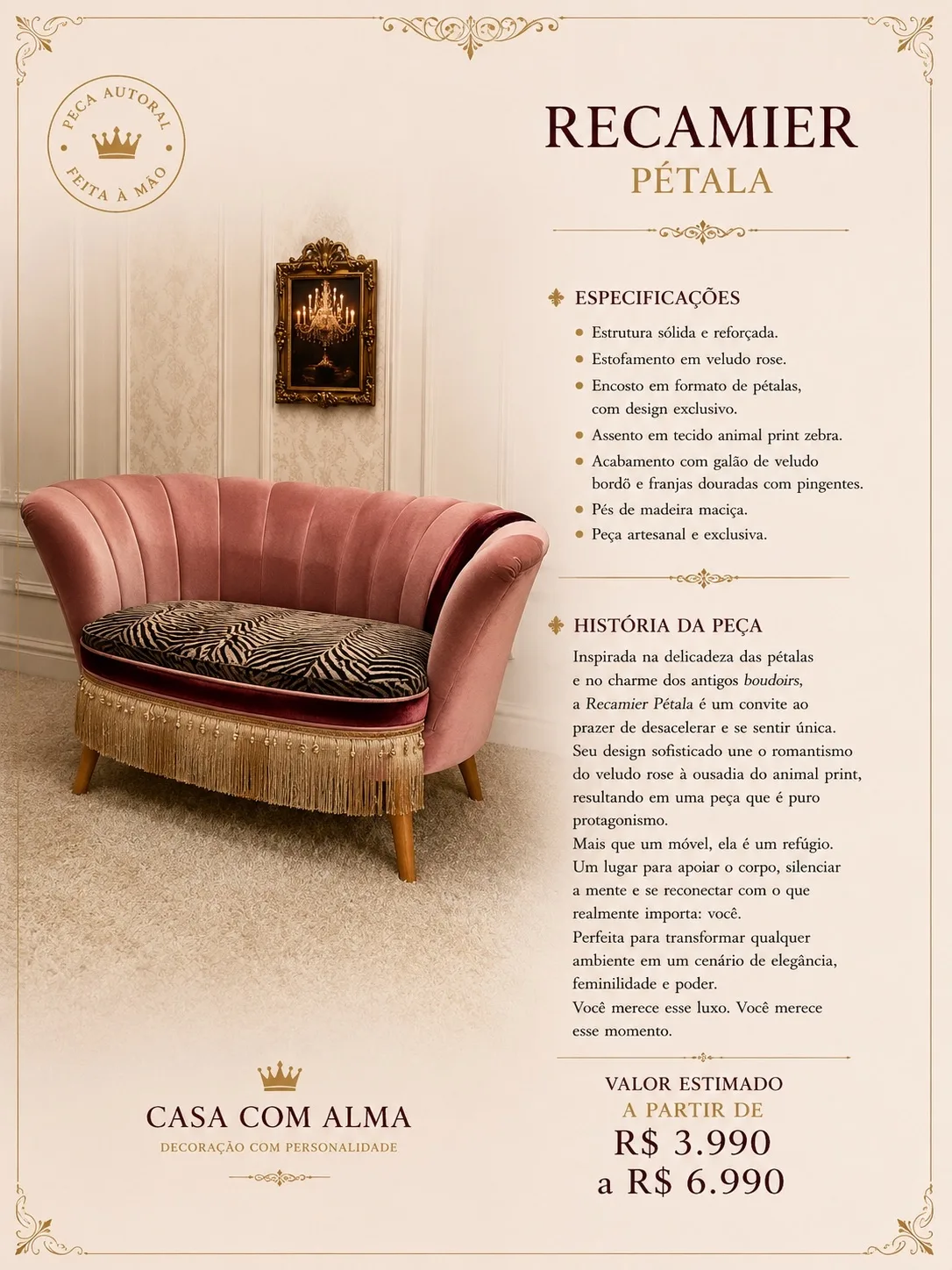 Página do produto Recamier Pétala com especificações, história e valor.