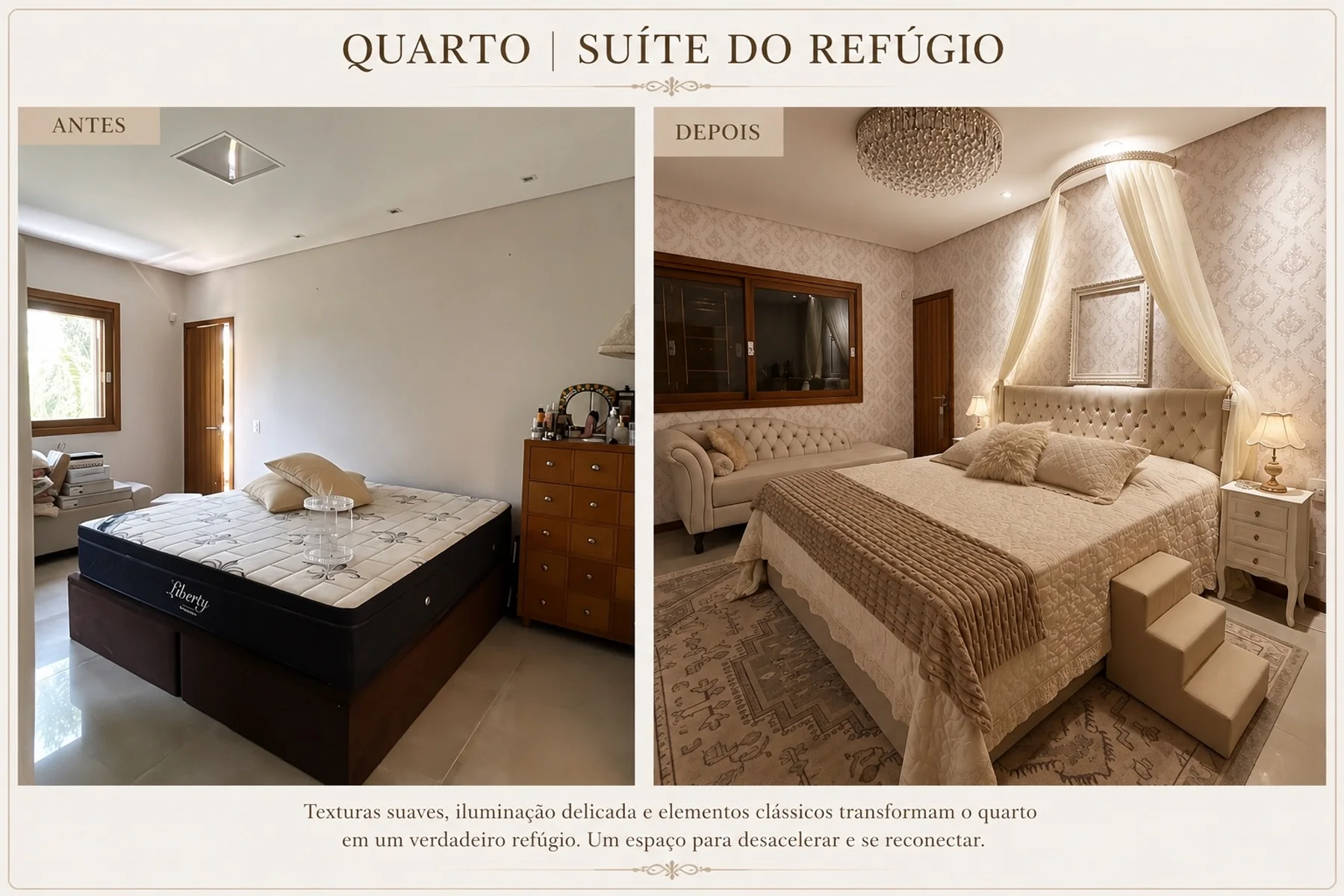 Quarto Suíte do Refúgio com antes e depois, texturas suaves, iluminação delicada e elementos clássicos.